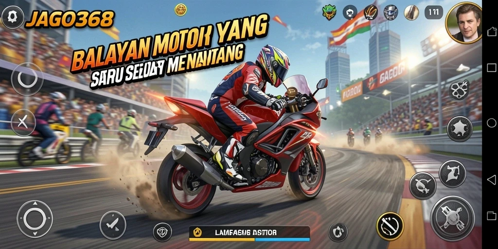 Screenshot gameplay JAGO368 menampilkan aksi balapan motor yang mendebarkan.