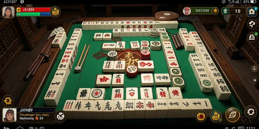 Screenshot gameplay Mahjong JAYA89 menampilkan ubin yang berwarna-warni.