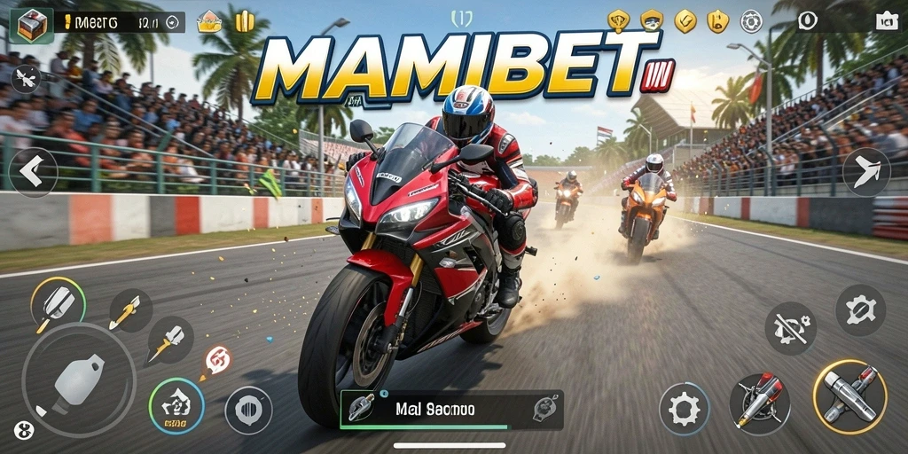 Screenshot gameplay MAMIBET yang menunjukkan aksi balapan motor yang intens.