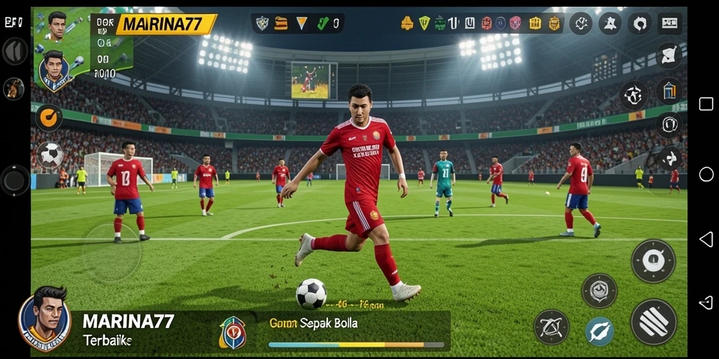 Screenshot menunjukkan aksi seru di lapangan sepak bola MARINA77.