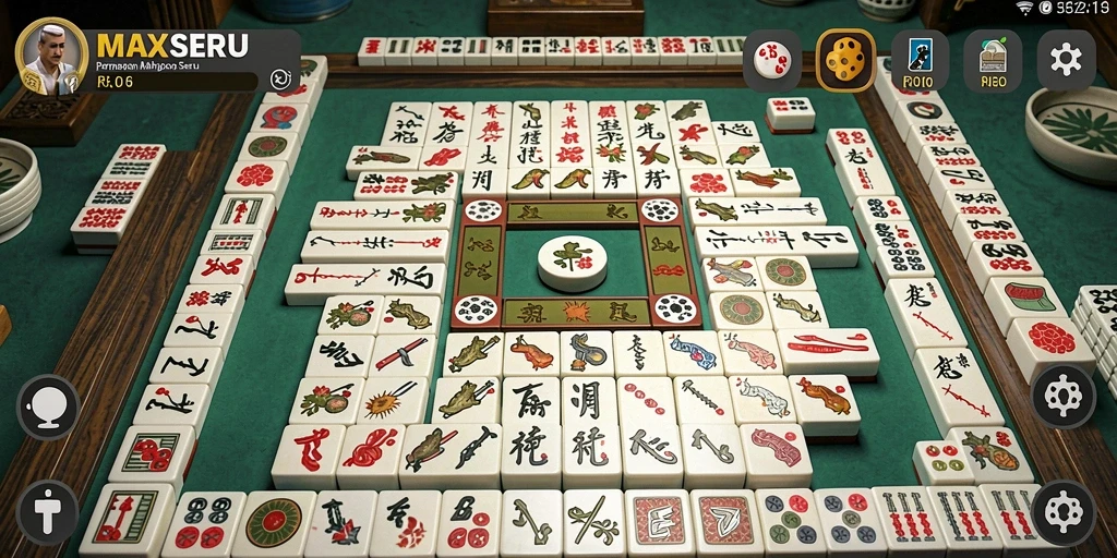 Gameplay seru MAXSERU yang menampilkan papan Mahjong.