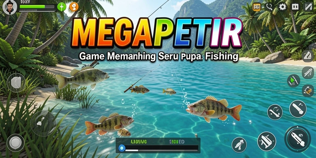 Screenshot gameplay MEGAPETIR menampilkan aksi menangkap ikan yang seru.