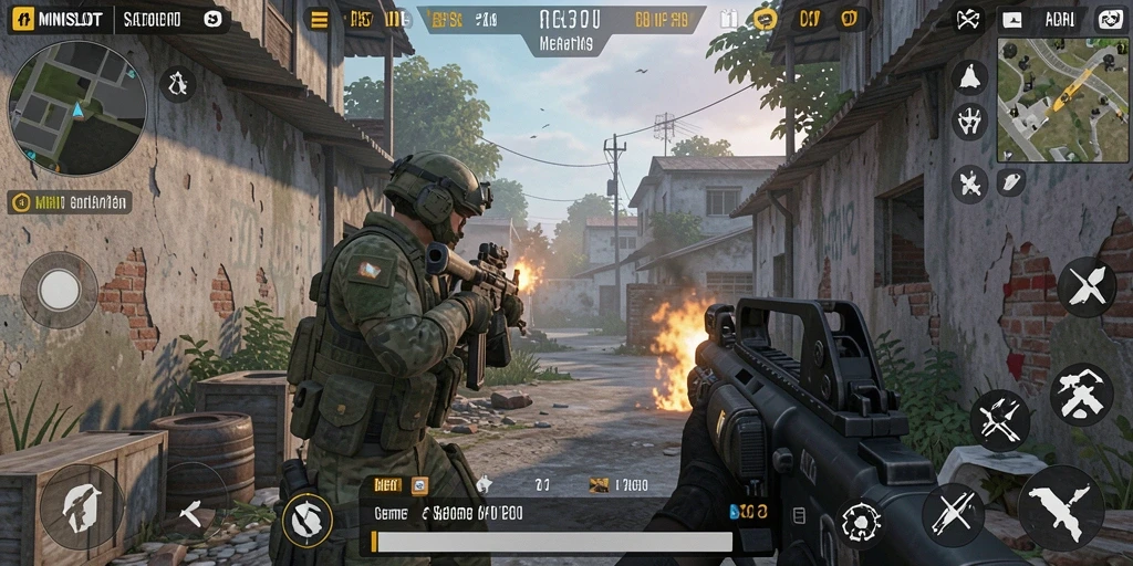 Screenshot MINISLOT dengan aksi tembak-menembak yang seru.