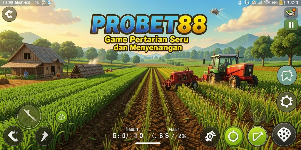 Tangkapan layar utama PROBET88 menampilkan aktivitas bertani yang seru.