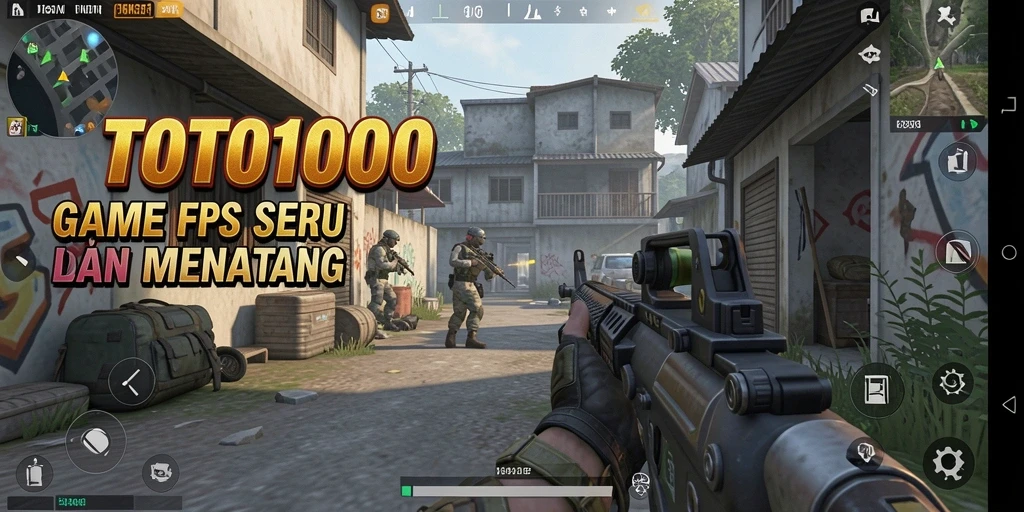 Screenshot utama TOTO1000 menampilkan aksi pertempuran FPS yang mendebarkan.
