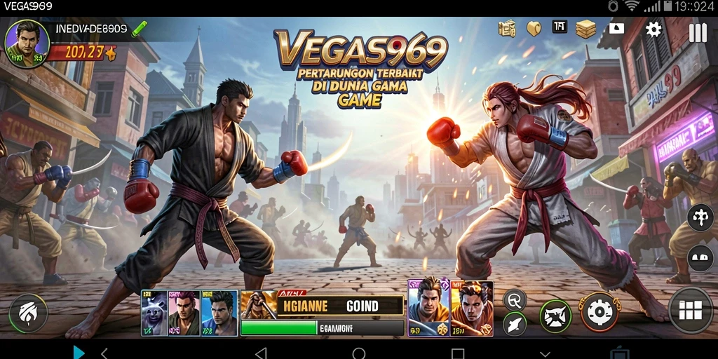 Screenshot gameplay dari VEGAS969 menampilkan karakter bertarung dengan intens.
