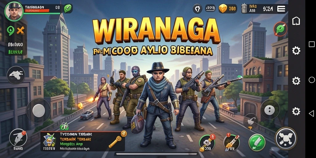 Tangkapan layar utama WIRANAGA memperlihatkan momen seru pengelolaan bisnis Tycoon.